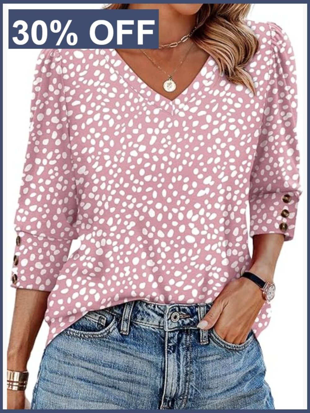 3/4 Sleeve V-Neck Blouse With Buttons Tunic Top Loose Fit